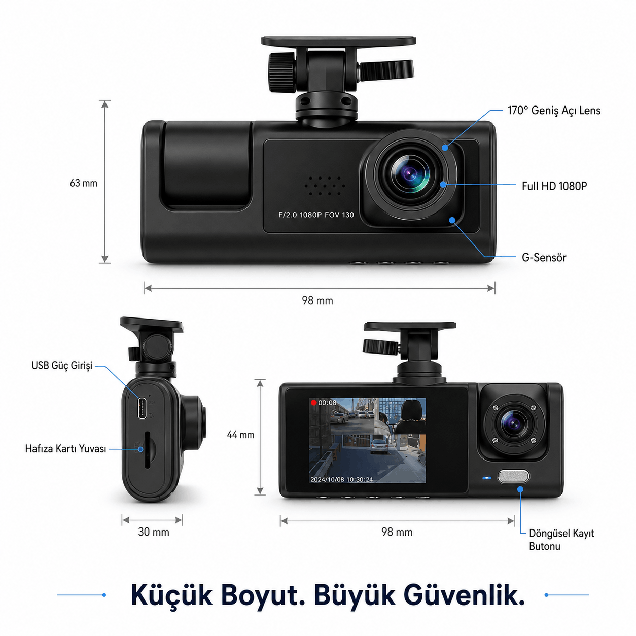 TeknoMiya 3 Kameralı 1080P Full HD Araç İçi Kamera